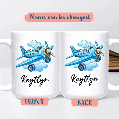 Miniatura 2 de Taza de café de avión personalizada con nombre de los niños, taza de café de avión personalizada de 11 onzas y 15 onzas, taza de cerámica blanca