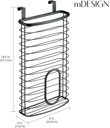 Miniatura 4 de mDesign Organizador de Almacenamiento Colgante de Gabinete de Acero Portador para Cocina, Despensa - Sostiene Bolsas de Plástico, Sándwich, Basura