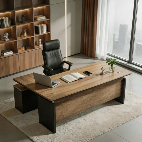 Escritorio ejecutivo en forma de L de 63 pulgadas, escritorio industrial moderno de oficina de madera con cajones de bloqueo, gestión de cables y
