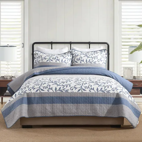 Miniatura 11 de KALOOLA Colchas de granja tamaño Queen – Juego de ropa de cama acolchado ligero 100% algodón, 3 piezas, colcha botánica a rayas estampada con 2