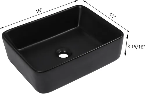 Miniatura 6 de Lavabo de baño negro de 16 x 12 pulgadas, lavabo de apoyo rectangular para baños, de cerámica, sobre mostrador, lavabo rectangular de baño, lavabo