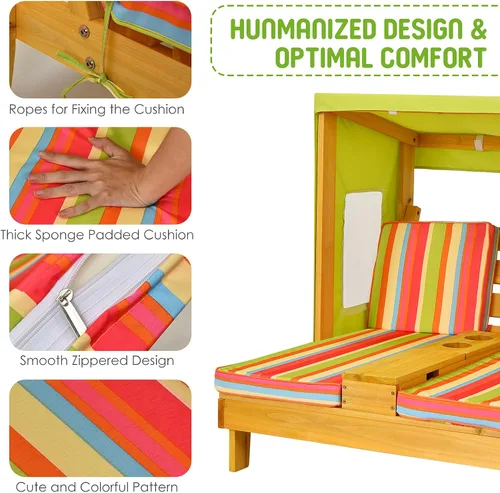 Miniatura 7 de COSTWAY Tumbona doble para niños al aire libre, silla de patio de 2 asientos con portavasos y cojines, silla de playa para niños con toldo, muebles