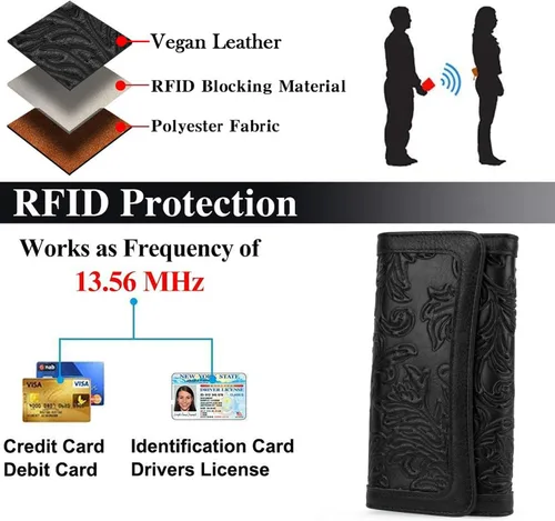 Miniatura 37 de MEITRUE Cartera de cuero para mujer, con bloqueo RFID, triple pliegue, con relieve, soporte para tarjetas, organizador de chequera para teléfono