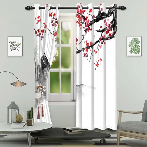 Miniatura 110 de Cortinas japonesas con pintura de tinta, monte Fuji, sol rojo, puesta de sol, hojas de bambú, cortinas de ventana para dormitorio, sala de estar