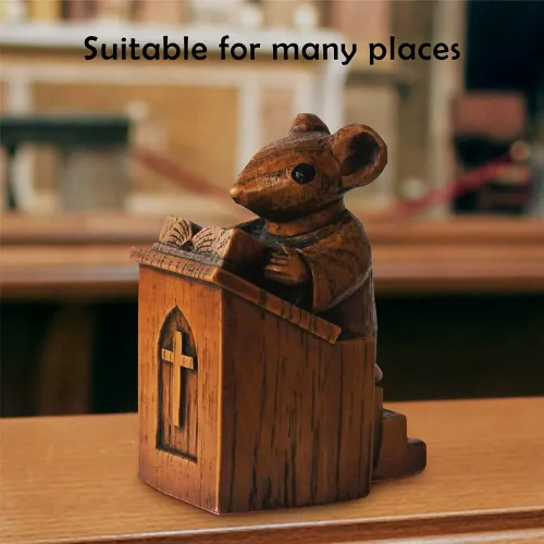Miniatura 4 de Yuhoo Estatua de ratón de iglesia, ratón de iglesia de madera en el púlpito, figura coleccionable para decoración de escritorio del hogar