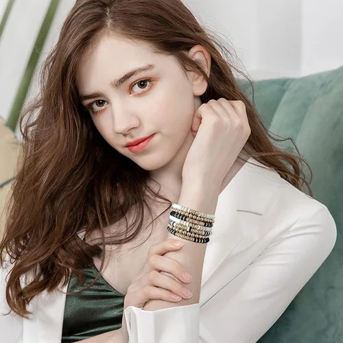 Miniatura 5 de Pulseras de cuentas de arcilla estilo heishi surfista para mujer con discos de vinilo y dije de mal de ojo apilables pulseras elásticas de amistad