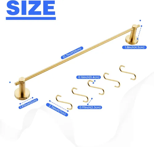 Miniatura 2 de Toallero de 21.6 pulgadas con 5 ganchos en forma de S, toallero de latón dorado cepillado para baño y cocina Oro cepillado con 5 ganchos