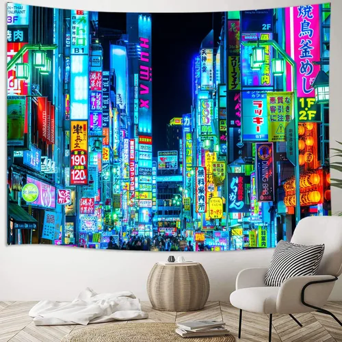 Miniatura 4 de iTapnoom Tapiz de anime japonés de neón punk, ciudad futurista, tapiz para colgar en la pared para hombres y niños, dormitorio, futuro fresco