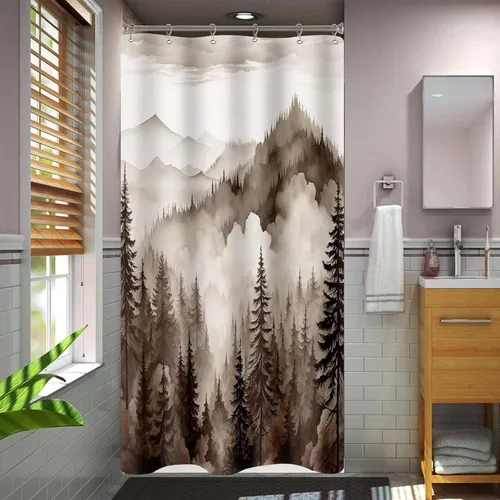 Miniatura 9 de Cortina de ducha pequeña de 36 x 72 pulgadas, cortina de medio tamaño de bosque brumoso, cortina de ducha estrecha mitad negra y blanca de montaña