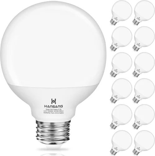 Paquete de 12 bombillas de baño, bombillas LED de luz diurna de 5000 K, base E26 equivalente a 60 W, bombilla G25 para espejo de maquillaje de baño,