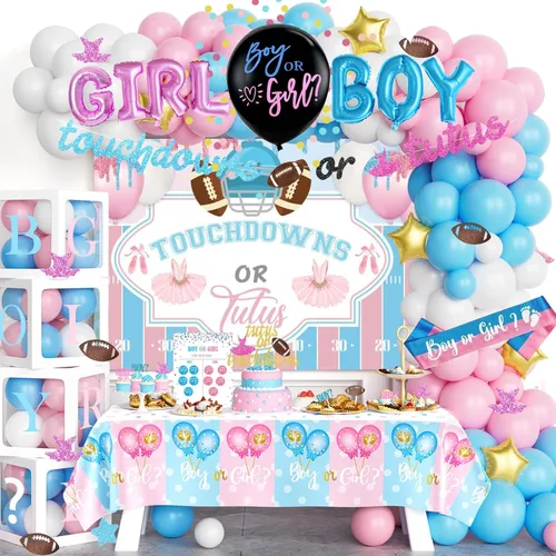 Miniatura 15 de Hombae - 170 piezas de decoraciones para revelación de género “cajas de bebé”, con fondo, guirnalda de globos, pancarta, mantel