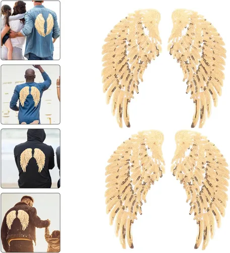 Miniatura 8 de jojofuny Sequin Angel Wings Sewing Patches for Clothes 2 Pairs Gold Embroidered Fabric Applique Decorative Patch for Jackets DIY Garment Accessory