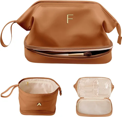 Miniatura 12 de Regalos para mujer, bolsa de maquillaje grande con inicial, artículos esenciales de viaje, bolsa de cosméticos personalizada de doble capa