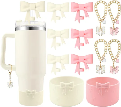 Miniatura 17 de Conjunto de accesorios para taza Hpebl para Stanley, incluye 2 tapas de pajita con moño lindo de 10 mm, tapones reutilizables para pajita, 1 funda