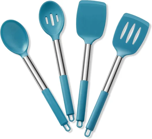 Juego de utensilios de cocina de 4 piezas, E-far utensilios de cocina de silicona para utensilios de cocina antiadherentes, espátula ranurada Azul