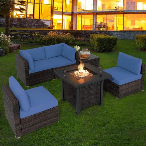 Miniatura 2 de Tangkula Juego de 6 piezas de mimbre para patio, juego de sofá de ratán para exteriores con mesa de fuego de propano de 32 pulgadas, calor de 50,000