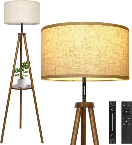 Miniatura 37 de OUTON - Lámpara de pie de trípode de madera con estantes, lámpara de pie de mediados de siglo con control remoto, 4 temperaturas de color, lámpara