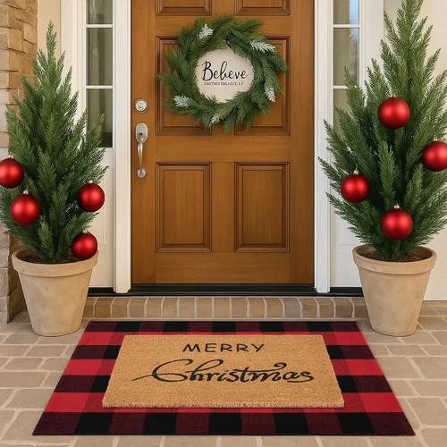 Miniatura 2 de Juego de tapetes de puerta de Navidad - Tapete de bienvenida 100% fibra de coco + alfombra a cuadros roja y negra de 28 x 43 pulgadas, juego