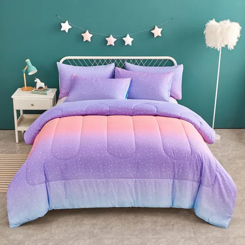 Miniatura 9 de Yogeneg Juego de edredón arcoíris tamaño matrimonial/queen para adolescentes y niños mujeres, edredón metálico con estampado de sirena con 2 fundas