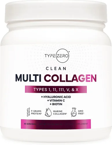 Type Zero Multi colágeno en polvo, 30 porciones (sin sabor), péptidos de colágeno tipo I, II, III, V y X + ácido hialurónico, VIT C, biotina
