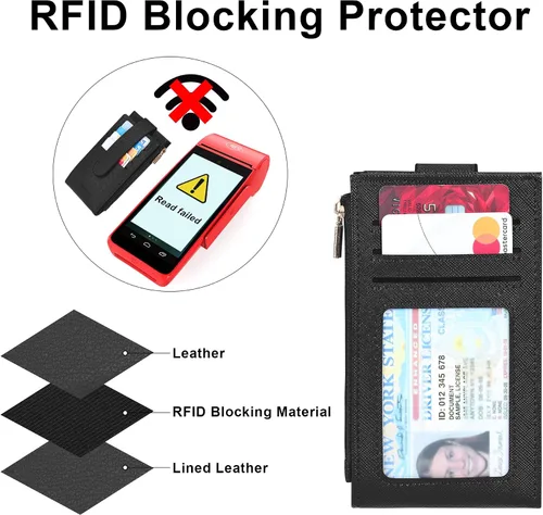 Miniatura 6 de Chelmon Billetera delgada para mujer, con bloqueo RFID, plegable, con bolsillo con cremallera, Negro -, Minimalista