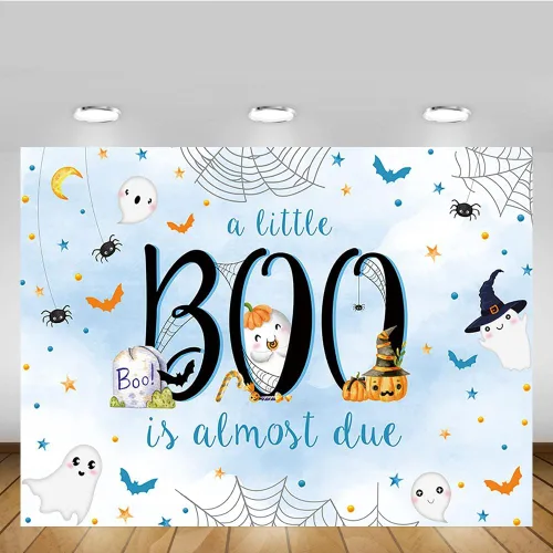 Miniatura 5 de MEHOFOND Telón de fondo de Halloween de 7 x 5 pies para baby shower con texto en inglés "A Little Boo is Almost Due Blue Water" para niño