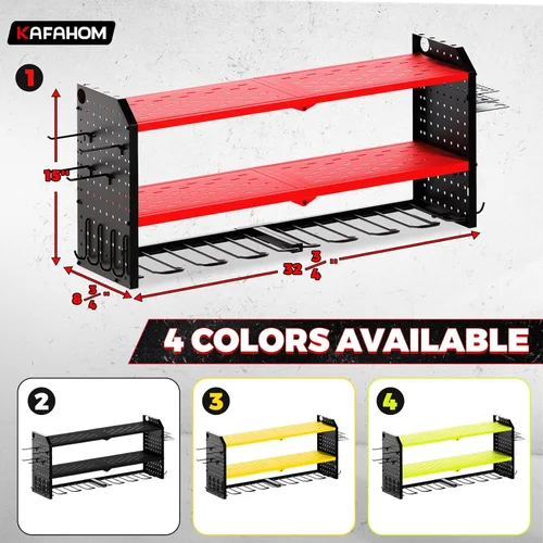 Miniatura 6 de KAFAHOM Organizador de herramientas eléctricas, soporte de pared grande para 8 taladros con 2 tableros de clavijas laterales, estante de Rojo