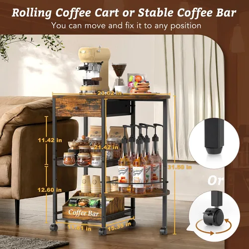 Miniatura 3 de VINAEMO Estación de café con ruedas y cajón de almacenamiento, soporte de mesa grande de 15.35 pulgadas de profundidad para cocina, oficina, sala