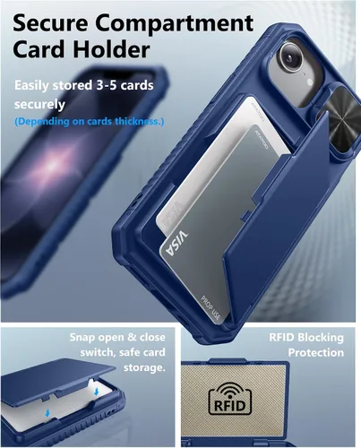 Miniatura 3 de ATATOO Funda tipo cartera para iPhone 16e, tarjetero integrado (3-5 tarjetas) y funda de cámara deslizante y bloqueo RFID, protección de grado Azul