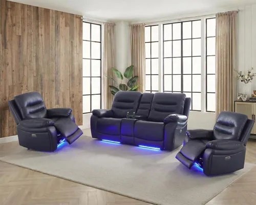 Miniatura 29 de Juego de 3 piezas para sala de estar, sofá reclinable eléctrico de cuero con puertos USB, iluminación LED y portavasos, asientos de cine en casa