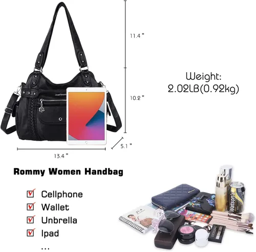 Miniatura 23 de Angel Barcelo - Bolsa de hombro amplia para mujer, diseño Hobo, cuero lavado