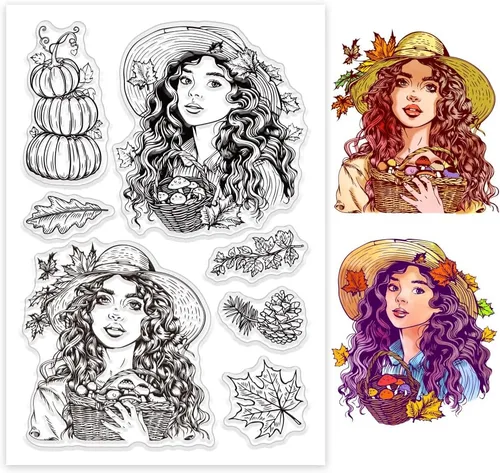 GLOBLELAND Lady - Sellos transparentes de silicona con diseño de calabaza de otoño, hojas de arce, sellos transparentes para manualidades, álbumes