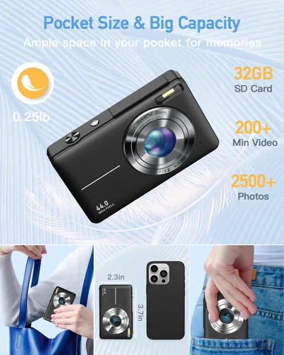 Miniatura 5 de Cámara digital para niños, cámara digital 1080P FHD 44MP para apuntar y disparar para fotos con tarjeta de 32 GB, zoom 16X, cámara compacta regalos