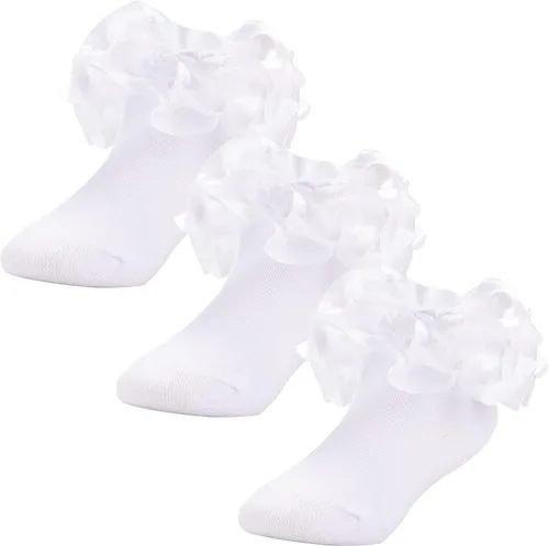 Miniatura 22 de Dicry Calcetines de encaje doble para niñas pequeñas con puños ondulados y volantes grandes para bebés y niños