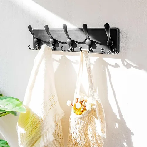 Miniatura 7 de Dseap Perchero de Pared Montado - 5 Ganchos Triangulares, Resistente, Perchero de Pared de Madera para Abriggos, Sombreros, Chaquetas, Ropa, Negro