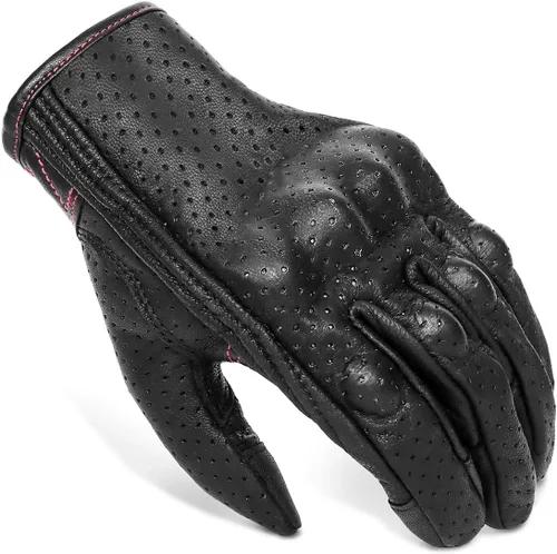Miniatura 6 de Guantes completos de motocicleta para mujer, con nudillos reforzados, de piel blindada, para usar con pantalla táctil, S Cuero negro con línea rosa