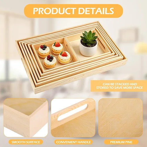 Miniatura 3 de Aodaer 7 bandejas de madera, bandejas de madera anidadas para servir, bandeja rectangular de madera con asas para cocina, fiesta, cena, aperitivos