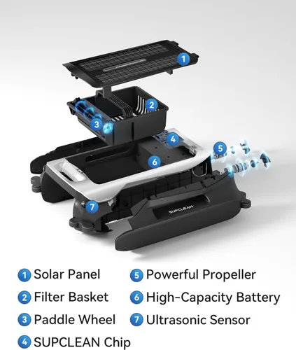 Miniatura 10 de Robot desnatador eléctrico automático de piscina 24/7 con soporte de aplicación, limpiador de superficie flotante para piscina sobre el suelo, Blanco
