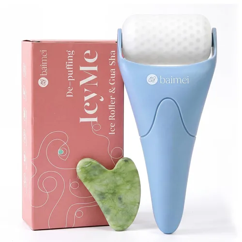 BAIMEI IcyMe - Rodillo de hielo para cara y juego de herramientas faciales Gua Sha, rodillo facial de hielo que reduce la hinchazón, herramientas