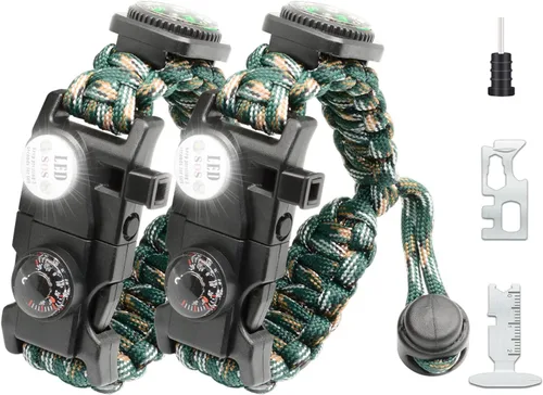 Miniatura 15 de Brazalete de paracord de supervivencia 20 en 1, kit de equipo ajustable con luz LED SOS, arrancador de fuego, brújula más grande, silbato de Negro
