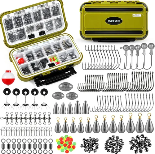 TOPFORT Kit de 187/343 piezas de accesorios de pesca, Caja de aparejos de pesca organizada con aparejos incluidos, anzuelos de pesca, pesas de Kit