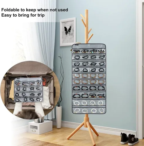 Miniatura 6 de Organizador de joyas colgante de 80 bolsillos para guardar joyas, soporte de exhibición de accesorios de doble cara para aretes, pulseras y anillos