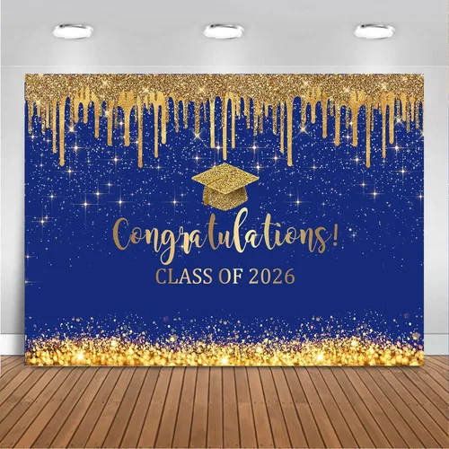 Miniatura 13 de Mocsicka Fondo de graduación de 7 x 5 pies 2026, decoraciones de graduación negro y dorado, pancarta de felicitaciones de graduación 2026, fondo