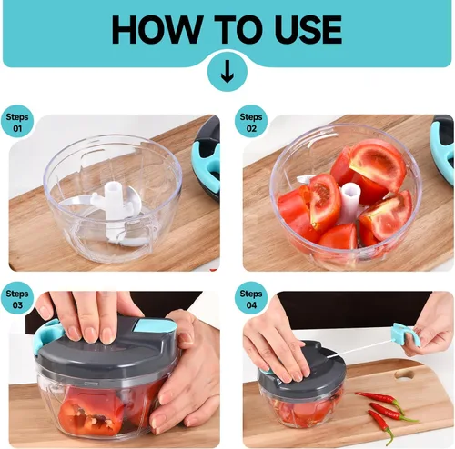 Miniatura 7 de procesador manual de alimentos, picadora de verdura portátil a cuerda, para picar ajo, cebolla, jengibre, frutas, frutos secos, hierbas, etc., GBazul
