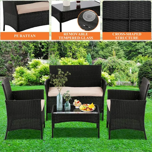 Miniatura 4 de Dkeli Juego de 4 muebles de patio al aire libre de mimbre con cojines gruesos y mesa, modernos juegos de conversación de sillas de ratán para patio