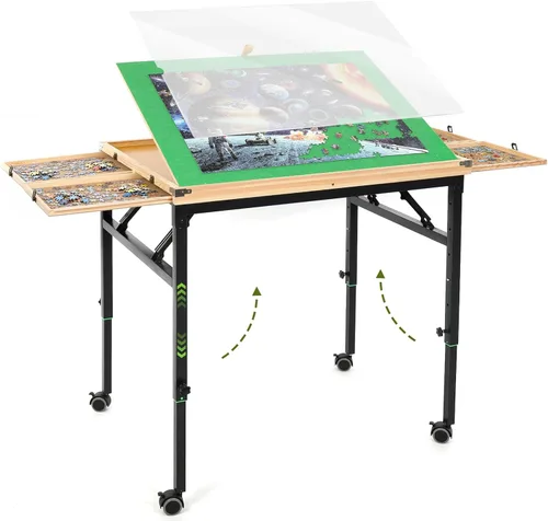 Miniatura 11 de Mesa de rompecabezas con cajones, mesa de rompecabezas ajustable de 3 ángulos sobre ruedas, 1500 piezas, patas de metal plegables y cubierta