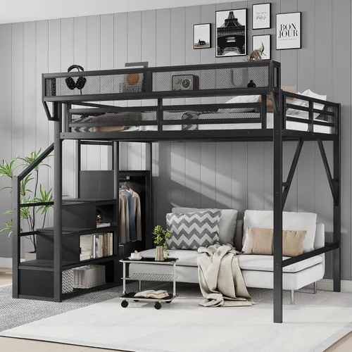 Miniatura 10 de KEIKI Base de cama de metal tamaño individual con escalera convertible, estantes de almacenamiento integrados y armario, cama alta con listones