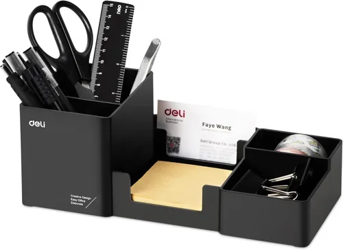 deli Organizador de escritorio, organizador de escritorio de plástico con soporte para lápices y bandeja de notas adhesivas, suministros de