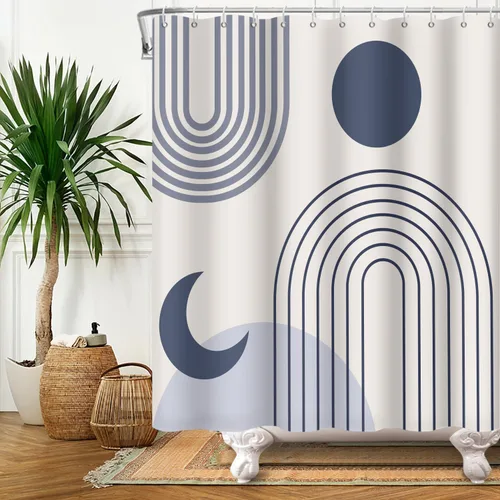 Miniatura 3 de Cortina de ducha moderna y bohemia, cortinas de ducha minimalistas estéticas azules de mediados de siglo para baño, cortinas de baño impermeables