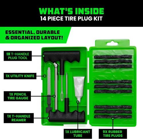 Miniatura 3 de Kit de reparación de neumáticos compacto Rhino USA (14 piezas) – Juego de tapones resistentes con lubricante incluido para arreglar pinchazos